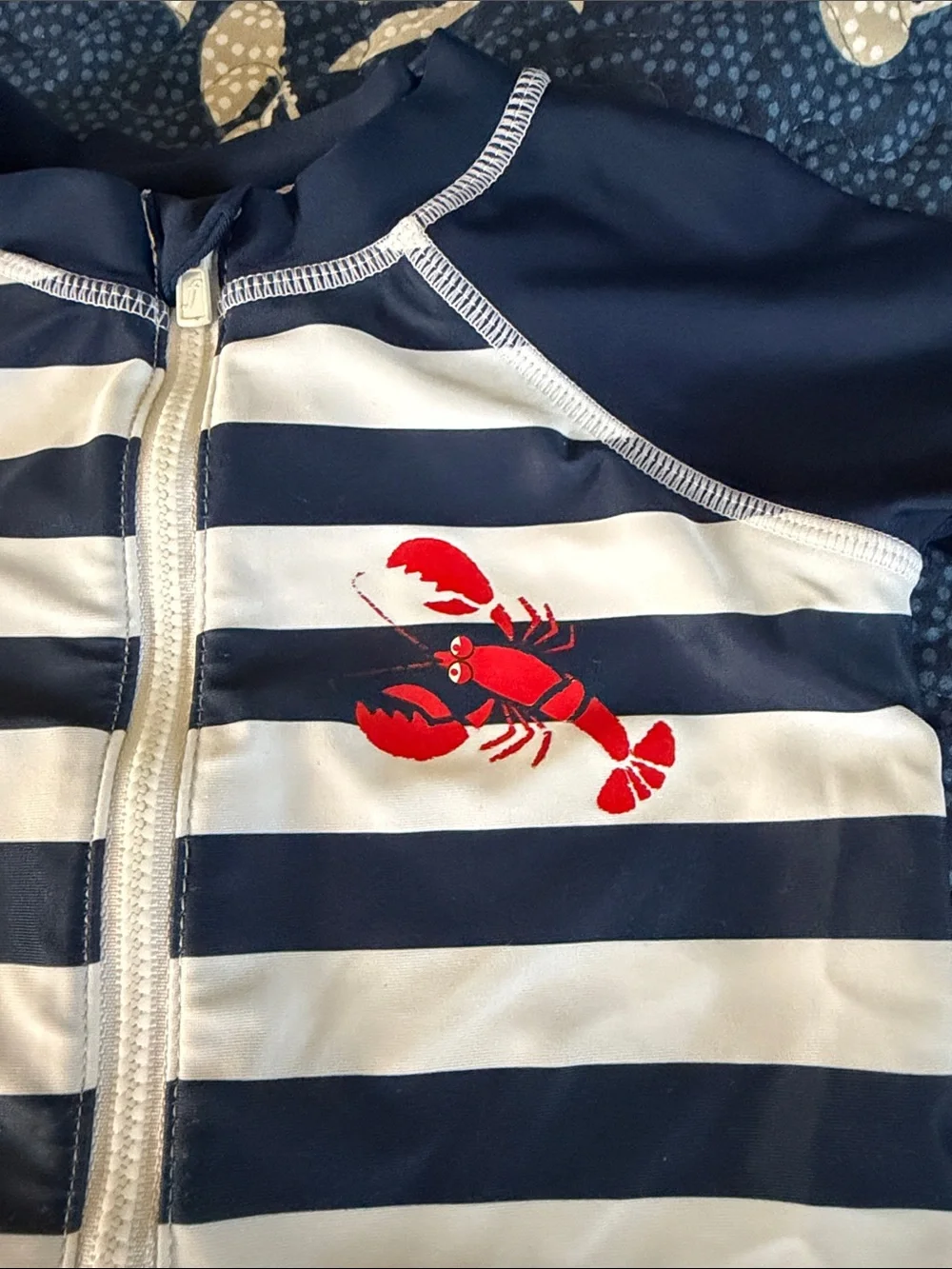 Floatimini Size 9M Navy & White Striped Rash Guard Swimsuit with Red Lobster